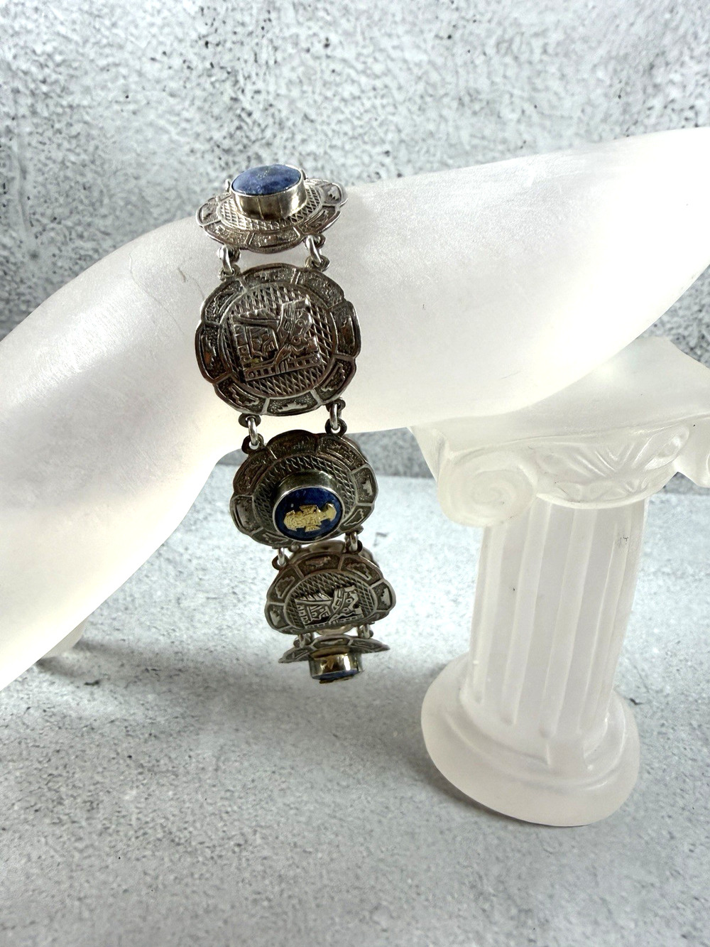 Vintage Sterling Silver Mexico Aztec/Mayan Panel Bracelet with Blue Agate Stones